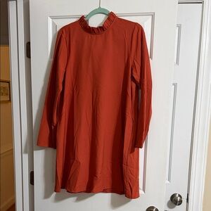 NWT Sugarlips Rust Orange Colored Long Sleeve Ruffle Neck Bow Back Dress Large